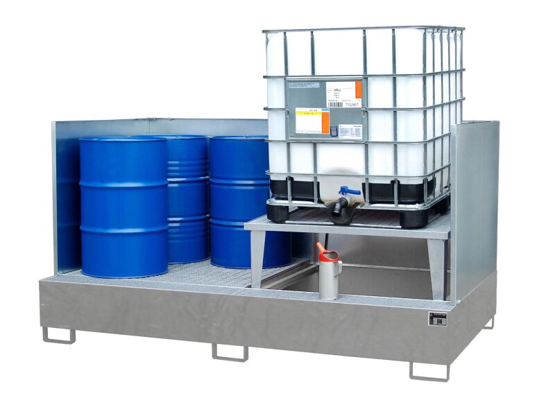 Auffangwanne AWA 21/SW 1xAbfüllaufsatz/1xGitterrost verzinkt max. 2x1000l IBC 2650x1460x865mm Spritzschutz