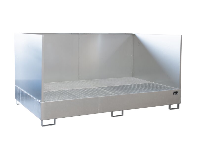 Auffangwanne AW 1000-10F/SW max. 10x200l oder 2x1000l IBC 2690x1650x375mm mit verzinkten Gitterrost und Spritzschutzwand